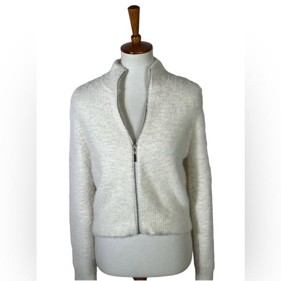 Sincerely Jules Cream Cozy Fuzzy Full Zip High Neck Cardigan Sweater Size L - Picture 1 of 8
